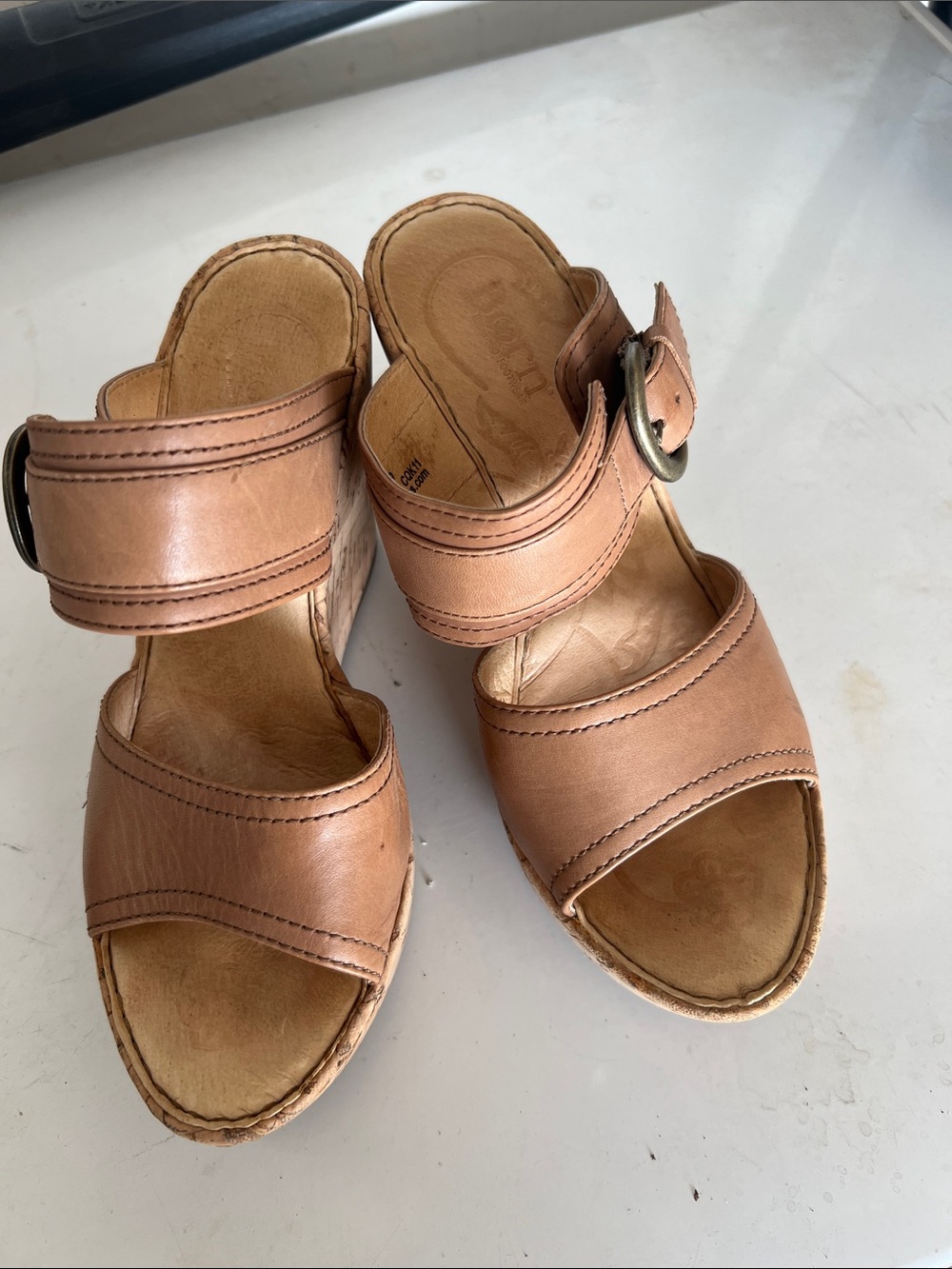 Born Cognac Leather Platform Slide Sandals with Buckle